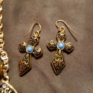 Large Vintage Southwestern style cross necklace with matching earrings